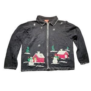 Vintage Traditions Full Zip Holiday Christmas Sweater Snowy Cabin Snowman L